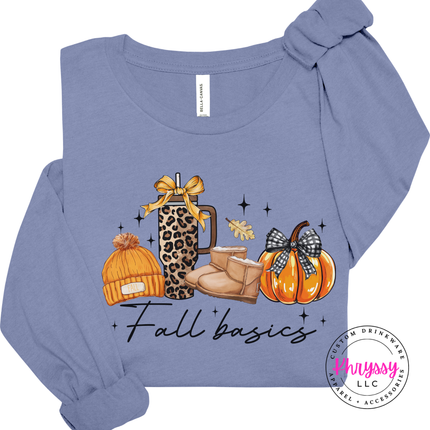 Lavender Blue long sleeve tee with the cozy fall basics script graphic