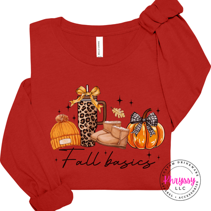 Red long sleeve tee with the Fall basics script lineup graphic