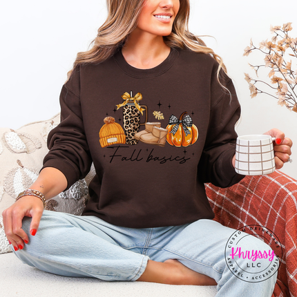 Dark chocolate fleece crewneck featuring a cozy autumn essentials design.