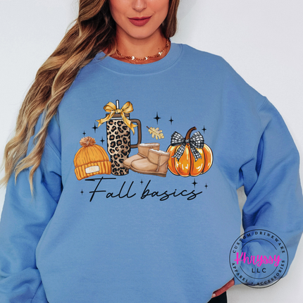 Carolina Blue crewneck sweatshirt with the fall basics leopard cup boots and pumpkin design