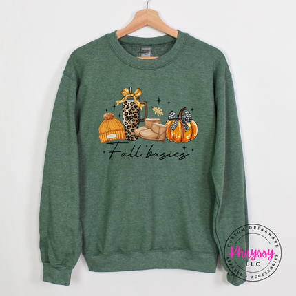 Heather sport dark green heavyweight crewneck showing a leopard tumbler and pumpkin graphic.
