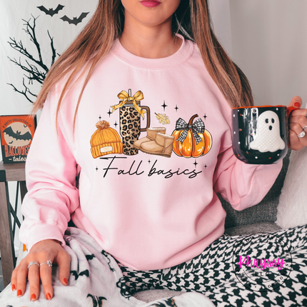 Light Pink crewneck sweatshirt with the Fall basics script lineup graphic