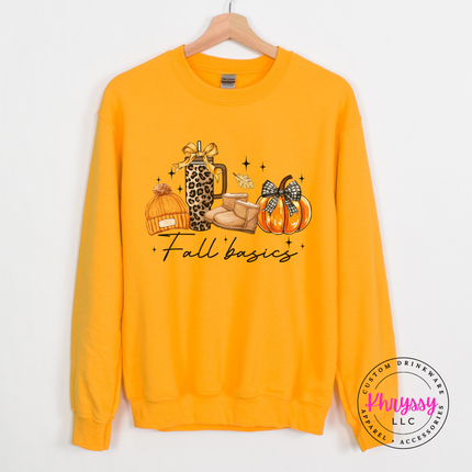 gold crewneck sweatshirt styled for fall with a Fall Basics print.