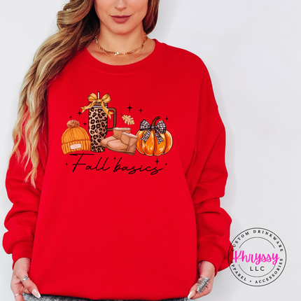 Red crewneck sweatshirt with the fall basics leopard cup boots and pumpkin design