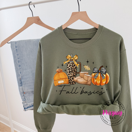 Military green fleece crewneck with a cute autumn lifestyle design.