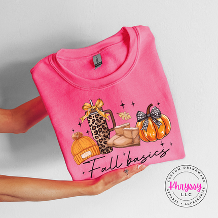 Safety Pink crewneck sweatshirt with the cozy fall basics script graphic