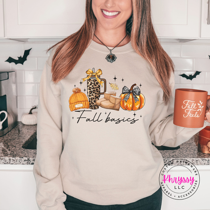 Sand crewneck sweatshirt with the Fall basics script lineup graphic