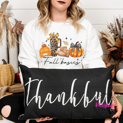 White crewneck sweatshirt with the fall basics leopard cup boots and pumpkin design