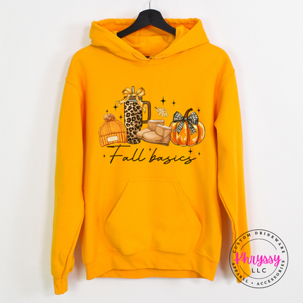 Gold fleece hoodie with drawstring hood and a cute autumn lifestyle design.
