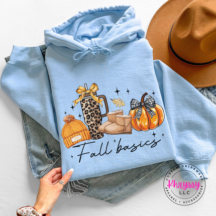 Light Blue hoodie with the cozy fall basics script graphic