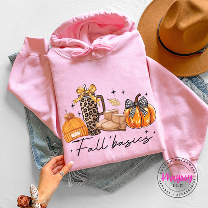 Light Pink hoodie with the Fall basics script lineup graphic