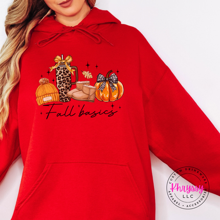 Red hoodie with the cozy fall basics script graphic