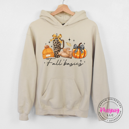 Sand hoodie with the Fall basics script lineup graphic