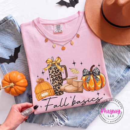 Blossom tee with the Fall basics script lineup graphic