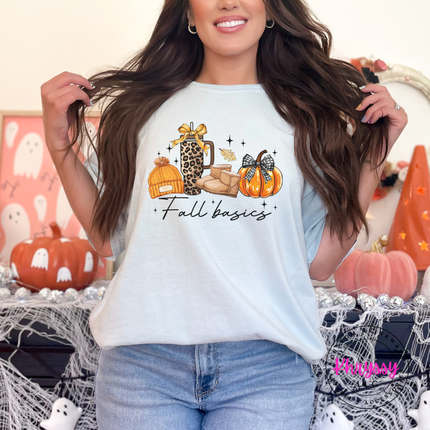 Chambray tee with the cozy fall basics script graphic