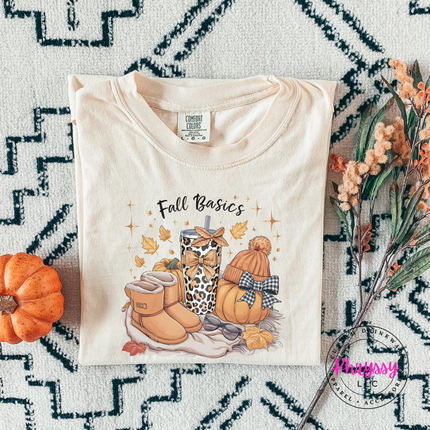 Ivory tee with the cozy fall basics beanie and boots print