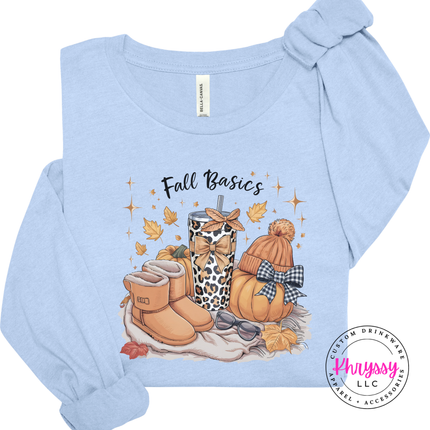 Baby Blue long sleeve tee with the fall basics boots leopard cup and pumpkin design