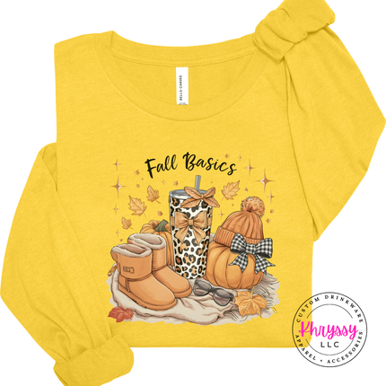 Heather Yellow Gold long sleeve tee with the cozy fall basics beanie and boots print