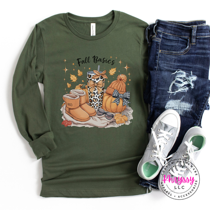 Military green tee featuring cozy boots and a bow-topped pumpkin print.