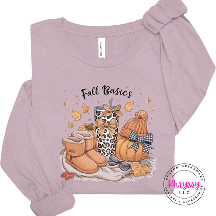 Light Violet long sleeve tee with the fall basics boots leopard cup and pumpkin design