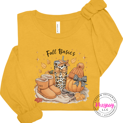 Mustard colored top with an illustrated leopard tumbler and pumpkin design.