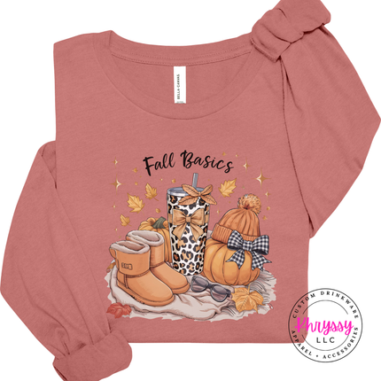 Mauve long sleeve tee with the cozy fall basics beanie and boots print