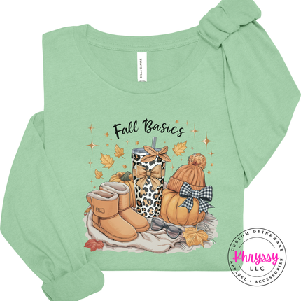 Mint long sleeve tee with the fall essentials pumpkin and tumbler graphic