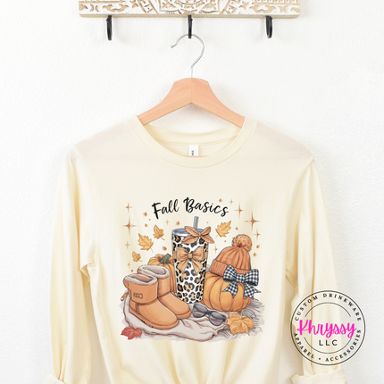 Natural long sleeve tee with the Fall Basics cozy blanket graphic