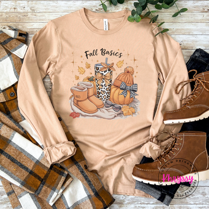 Sand Dune long sleeve tee with the fall basics boots leopard cup and pumpkin design