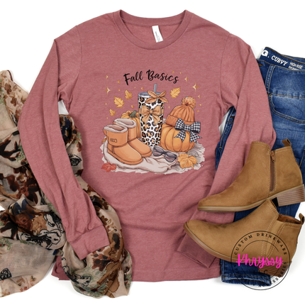 Mauve colored tee with a hand-illustrated fall basics design.