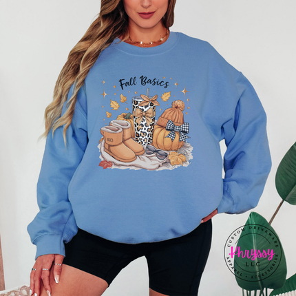 Carolina Blue crewneck sweatshirt with the fall basics boots leopard cup and pumpkin design