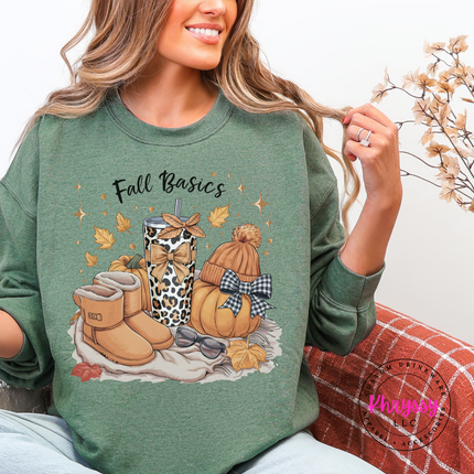 heather sport dark green crewneck sweatshirt with an illustrated fall basics graphic design.