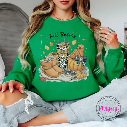 Irish Green crewneck sweatshirt with the fall essentials pumpkin and tumbler graphic