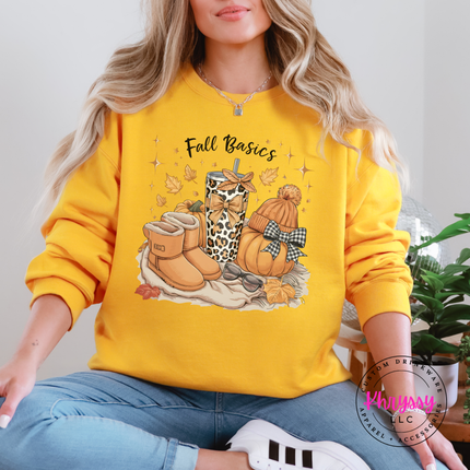 Gold crewneck sweatshirt with the cozy fall basics beanie and boots print