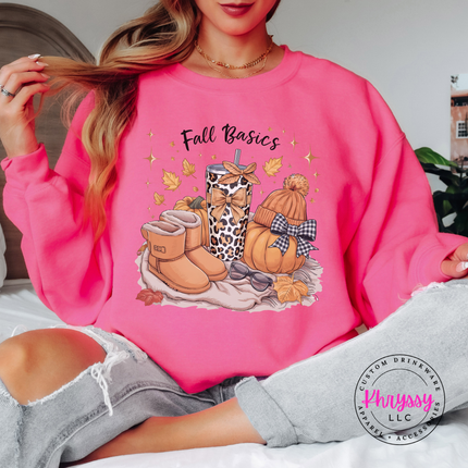 Safety Pink crewneck sweatshirt with the fall essentials pumpkin and tumbler graphic