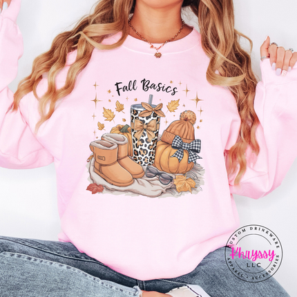 Light Pink crewneck sweatshirt with the fall basics boots leopard cup and pumpkin design