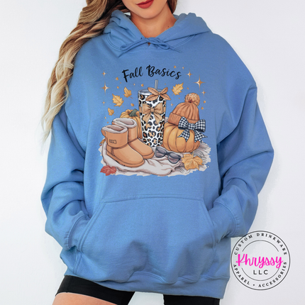 Light Pink hoodie with the fall basics boots leopard cup and pumpkin design