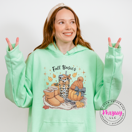 Mint Green hoodie with the cozy fall basics beanie and boots print