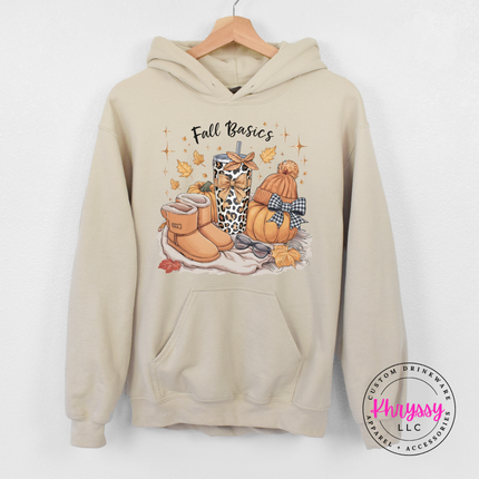 Sand pullover hoodie with an illustrated fall basics graphic print.