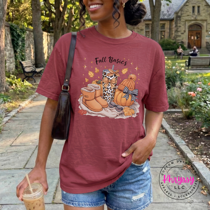 Chili colored graphic tee featuring cozy boots and a bow-topped pumpkin.