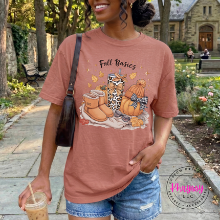 Cumin tee with an illustrated leopard tumbler and fall basics design.