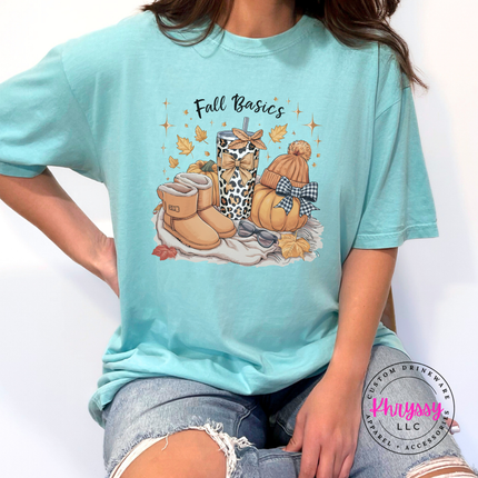 Chalky Mint tee with the cozy fall basics beanie and boots print