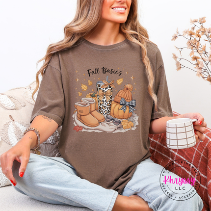 Espresso graphic tee featuring a beanie, boots, and a bow-topped pumpkin.