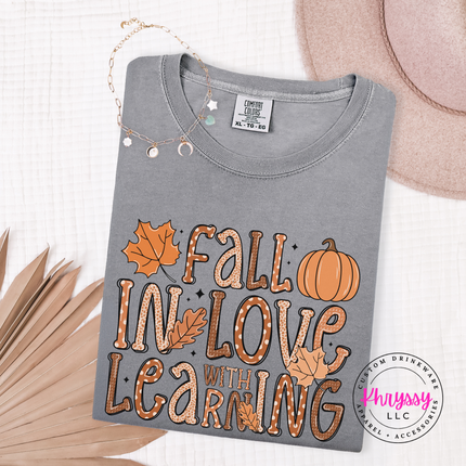 Gray tee with the autumn teacher lettering graphic