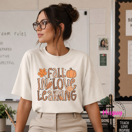 Ivory tee with the fall teacher pumpkin and leaves design