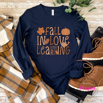 Navy tee styled for fall, featuring a pumpkin and leaves design.