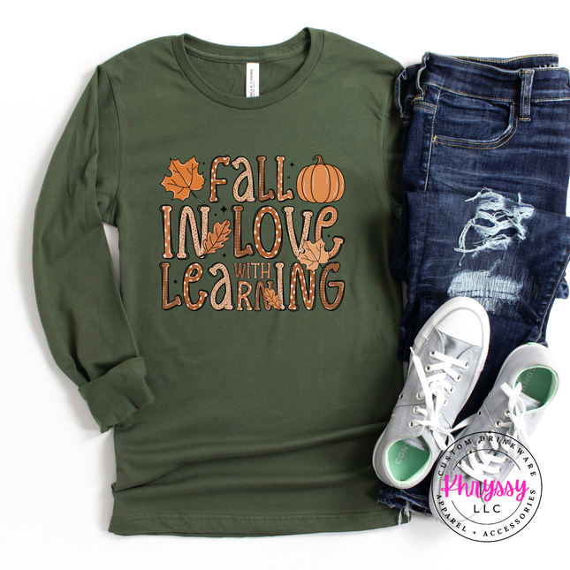 Military green colored top with a hand-illustrated teacher print.