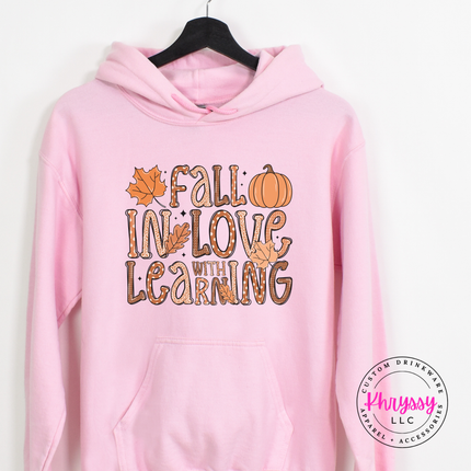 Light Pink hoodie with the fall teacher pumpkin and leaves design