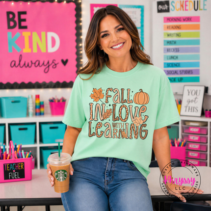 Chalky Mint tee with the fall in love with learning classroom print