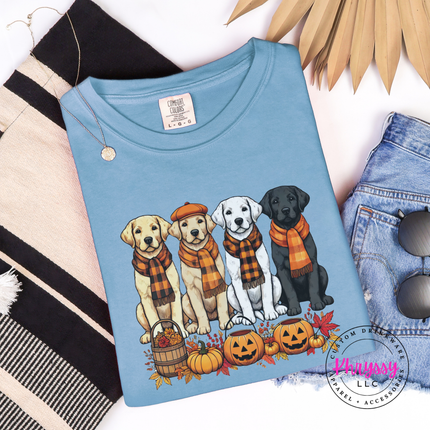 Ice Blue tee with the dog lover fall labs and pumpkins graphic